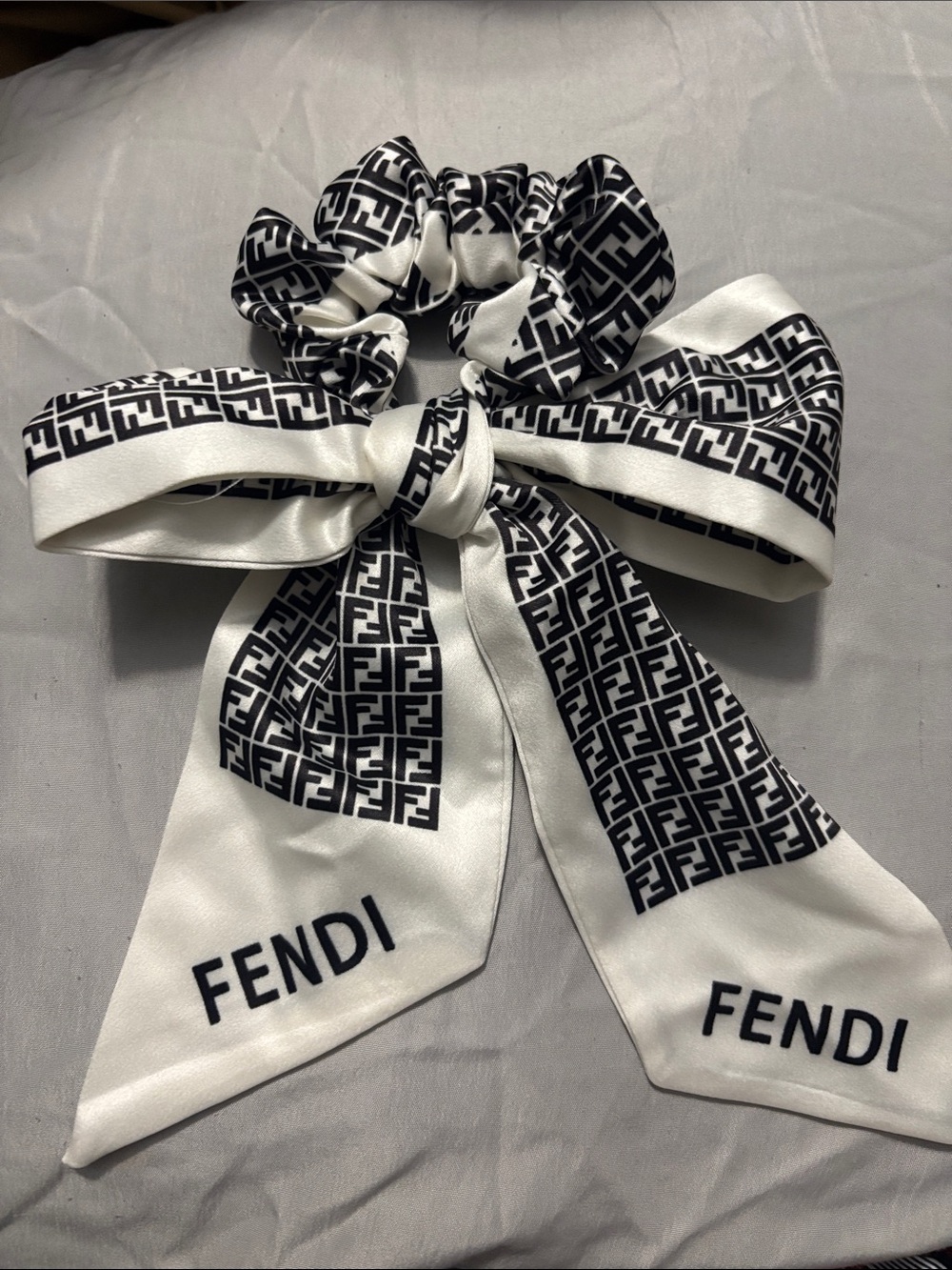 Fendi Black & White FF Logo Bow Scrunchie with Tails
